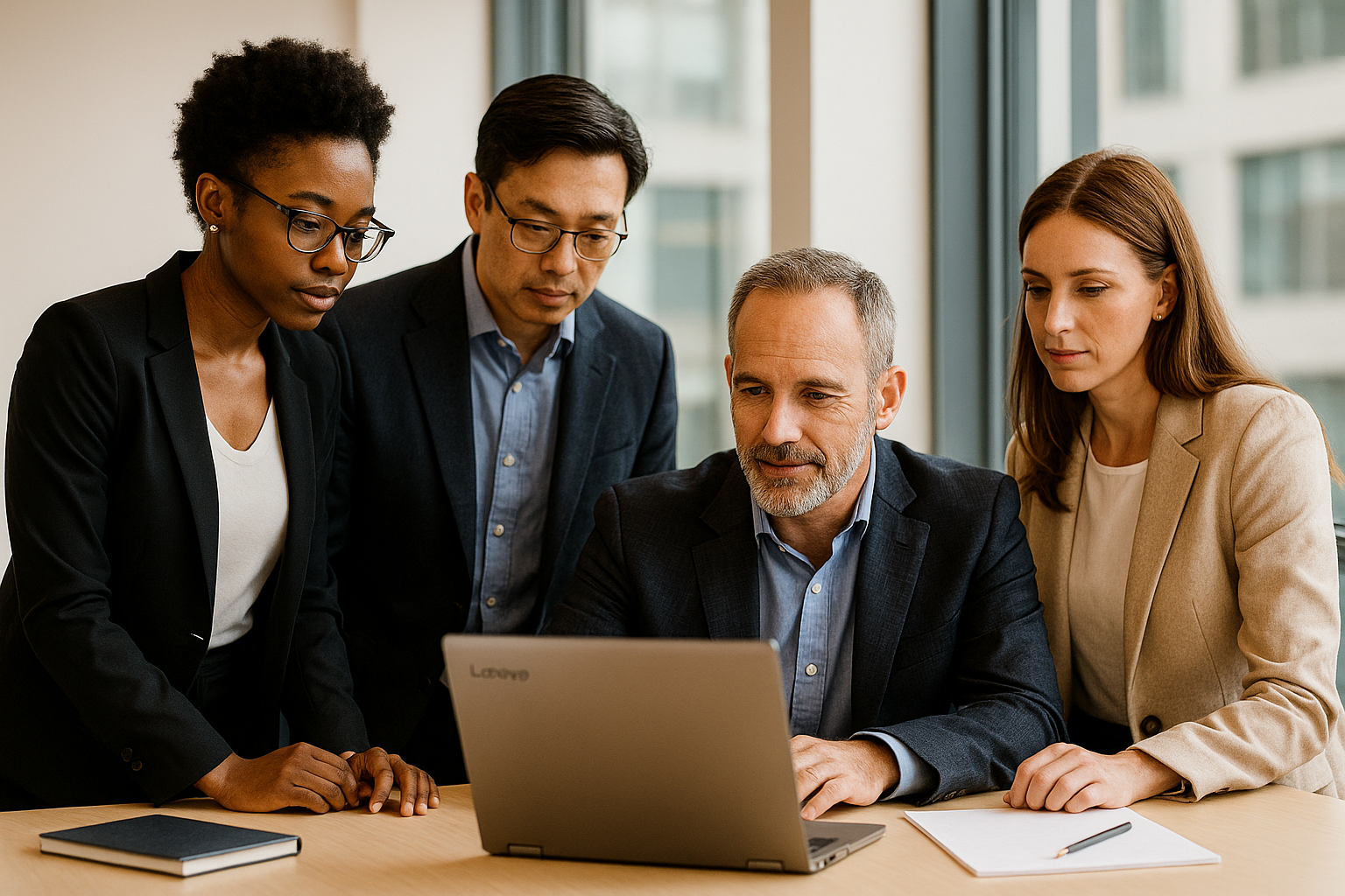 Senior engineers and technical leadership reviewing a roadmap in a conference room